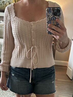 Pink Rose Blush Knit Button-Front Cardigan with Waist Tie